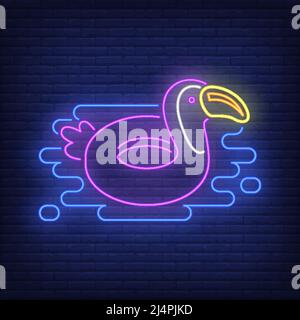 Toucan rubber ring neon sign. Swimming, water, safety. Inflatable toy concept. Vector illustration in neon style for advertising, toy shop, entertainm Stock Vector