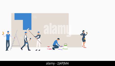 Workers painting wall in blue color. Male and female cartoon characters working at construction site. Vector illustration for repair service, article, Stock Vector