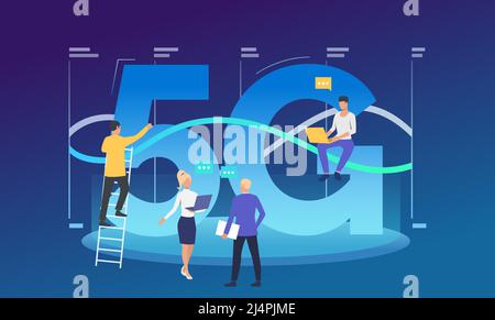 Developers working on 5G network. High speed connection, team, wifi. Technology concept. Vector illustration can be used for topics like fifth generat Stock Vector