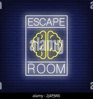 Escape room neon sign. Text and brain in frame on brick wall background. Glowing banner or billboard elements. Vector illustration in neon style for p Stock Vector