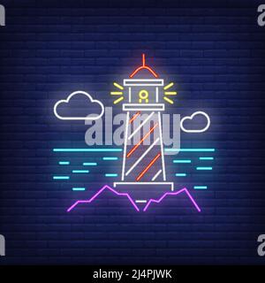 Lighthouse neon sign. Tower, sea, clouds on brick wall background. Glowing banner or billboard elements. Vector illustration in neon style for topics Stock Vector