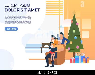 Happy family at Christmas night. Xmas, home, holiday. Christmas concept. Vector illustration can be used for presentation slide or landing page templa Stock Vector