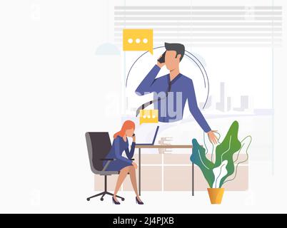 Office workers speaking on mobile phones. Man, woman, speech bubble, workplace. Communication concept. Vector illustration can be used for topics like Stock Vector