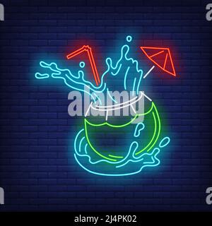 Coconut cocktail with straw and splashes neon sign Stock Vector Image ...