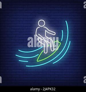 Stick man surfing on wave neon sign. Surfing, extreme sport, tourism design. Night bright neon sign, colorful billboard, light banner. Vector illustra Stock Vector