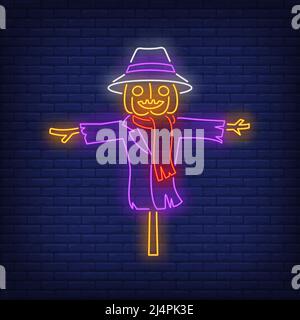 Pumpkin scarecrow neon sign. Halloween party, autumn design. Night bright neon sign, colorful billboard, light banner. Vector illustration in neon sty Stock Vector