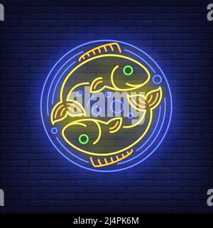 Pisces neon sign. Two fishes in circle, bubbles, water. Astrological sign concept. Vector illustration in neon style, glowing element for topics like Stock Vector