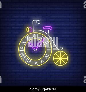 Wheel shaped clock neon sign. Vintage bicycle, watch, retro. Time concept. Vector illustration in neon style, glowing element for posters, banners, fl Stock Vector