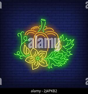 Pumpkin with leaves neon sign. Halloween party, autumn design. Night bright neon sign, colorful billboard, light banner. Vector illustration in neon s Stock Vector