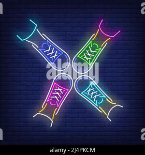 Four feet standing in circle neon sign. Friendship, unity, advertisement design. Night bright neon sign, colorful billboard, light banner. Vector illu Stock Vector
