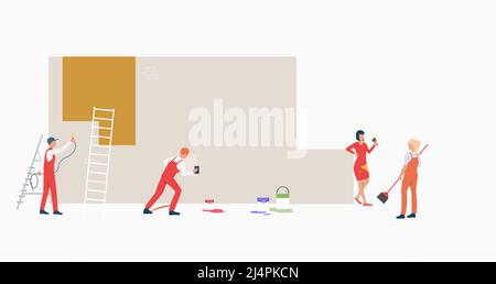 Builders painting wall. Male and female cartoon characters working at construction site. Vector illustration for repair service, promotion, banner Stock Vector