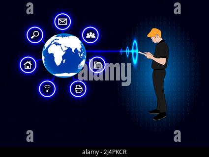 graphics drawing business man hold smartphone use connection communication for cloud computing Stock Vector