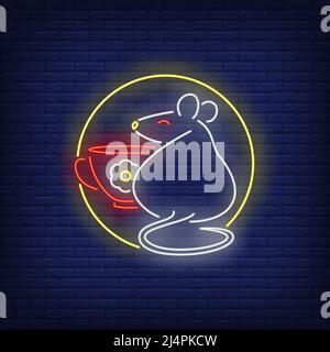Rat and cup in circle neon sign. New Year Day, animal design. Night bright neon sign, colorful billboard, light banner. Vector illustration in neon st Stock Vector