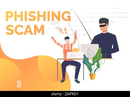 Phishing scam page template with burglar hacking into office email server. Hacker attack concept. Vector illustration can be used for landing, present Stock Vector