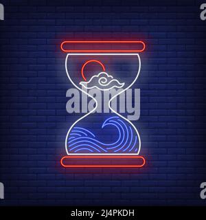Vacation time neon sign. Sea wave, sun and cloud in hourglass. Time concept. Vector illustration in neon style, glowing element for topics like seasid Stock Vector