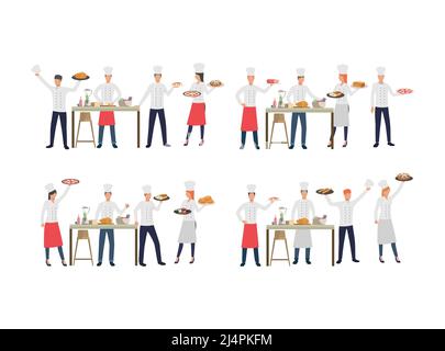 Set of chefs with various dishes. Flat cartoon characters of cooks creating new recipes. Can be used for commercial, restaurant, leaflet Stock Vector