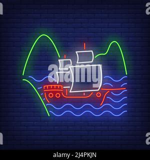Sailing ship floating on sea waves neon sign. Adventure, vessel, journey design. Night bright neon sign, colorful billboard, light banner. Vector illu Stock Vector