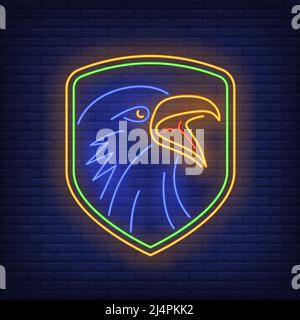 Shield with crow head neon sign. Bird, mystery, logo design. Night bright neon sign, colorful billboard, light banner. Vector illustration in neon sty Stock Vector