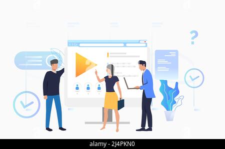 Businessmen and businesswoman talking at desktop vector illustration. Online training, distance learning, e-learning. Online courses concept. Can be u Stock Vector
