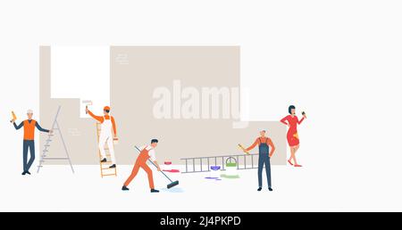 Group of builders with tools painting wall. Male and female cartoon characters working at construction site. Vector illustration for repair service, p Stock Vector
