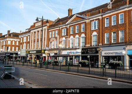 Epsom Surrey London UK, April 17 2022, Row Of Shops Or Stores Epsom High Street Stock Photo