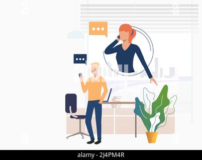 Businessman consulting expert on phone. Man, woman, phone conversation. Communication concept. Vector illustration can be used for topics like negotia Stock Vector