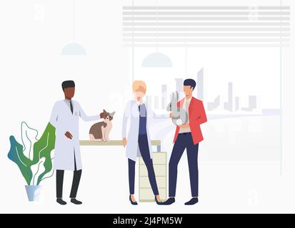 Cat and rabbit owner visiting veterinarians in vet clinic. Pet treatment, consultation, animal care concept. Vector illustration can be used for topic Stock Vector
