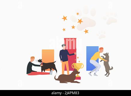 Dog owners celebrating victory. Winner, award, animal concept. Vector illustration can be used for topics like entertainment, competition, dog show Stock Vector