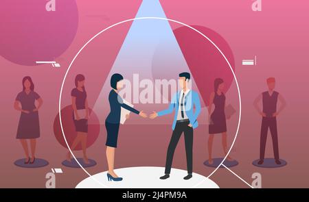 Man and woman standing under spotlight and handshaking. Magnifying glass, loupe, job interview. Human resource concept. Vector illustration can be use Stock Vector