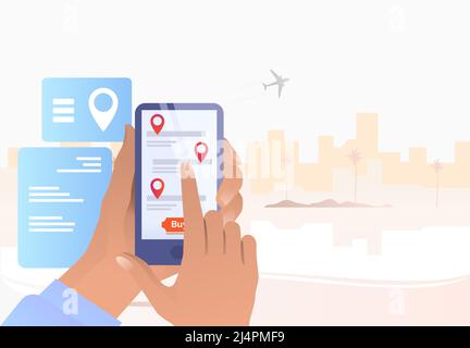 Person buying tickets on travel website. Finger touching screen. Flight booking concept. Vector illustration can be used for topics like vacation, tri Stock Vector