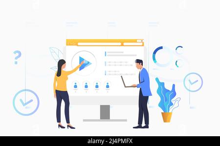 Woman and man playing video on monitor vector illustration. Website, e-learning, online education. Online courses concept. Can be used for webpages, p Stock Vector