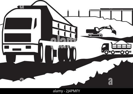 Heavy dump trucks and  excavator on construction site - vector illustration Stock Vector