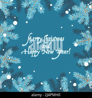 Merry Christmas 2022 design template. Pine forest branches frame, winter holidays frame for ads, social media and post cards. Stock Vector