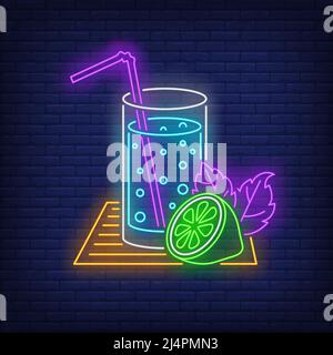 Lemonade glass with straw and lime neon sign. Drink, beverage, freshness design. Night bright neon sign, colorful billboard, light banner. Vector illu Stock Vector