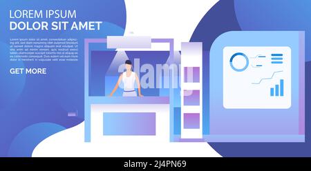 Businesswoman presenting isometric sale stands landing template. Expo demonstration, mall marketing event. Product exhibition concept. Vector illustra Stock Vector