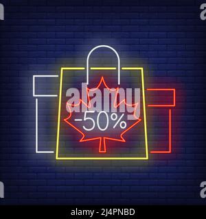 Minus fifty percent neon lettering with shopping bags and boxes. Discount, sale design. Night bright neon sign, colorful billboard, light banner. Vect Stock Vector