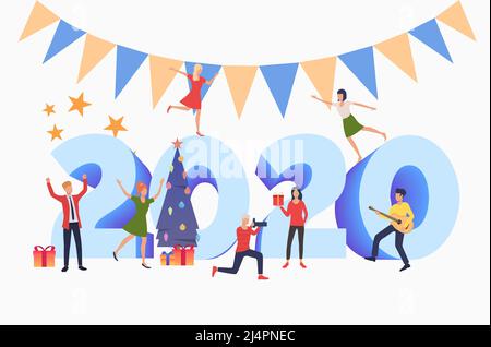 Men and women having New Year 2020 party. Christmas, holiday, family. New Year 2020 concept. Vector illustration for presentation slide, poster, new p Stock Vector