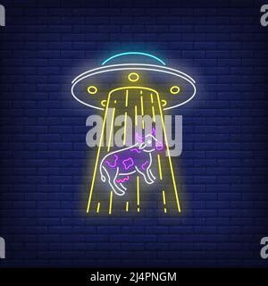 UFO abducting cow neon sign. Invasion, fantasy, extraterrestrial intelligence design. Night bright neon sign, colorful billboard, light banner. Vector Stock Vector