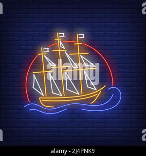Ship sailing on sea waves neon sign. Adventure, vessel, journey design. Night bright neon sign, colorful billboard, light banner. Vector illustration Stock Vector