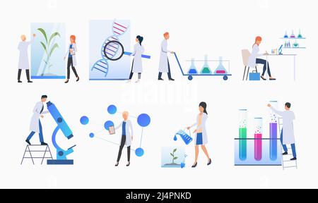 Set of scientists doing research. Science laboratory, clinical lab, experiments. Research concept. Vector illustration for webpage, landing page Stock Vector
