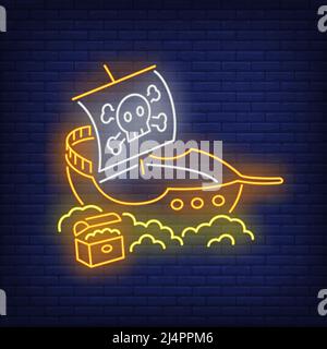 Pirate ship with Jolly Roger and gold neon sign. Adventure, vessel, journey design. Night bright neon sign, colorful billboard, light banner. Vector i Stock Vector