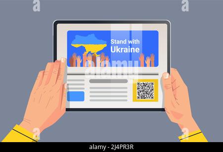 human hands using tablet ps watching live news on screen pray for Ukraine peace save Ukraine from russia stop war Stock Vector