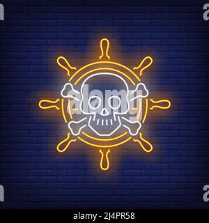 Steering-wheel with skull and crossed bones neon sign. Adventure, danger, journey design. Night bright neon sign, colorful billboard, light banner. Ve Stock Vector