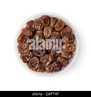 Plastic box with traditional Arabic Sukari dates isolated on white background Stock Photo