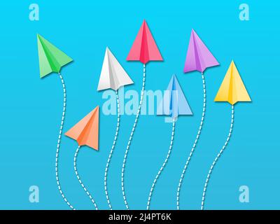 Diversity concept vector illustration. Colorful paper planes flying randomly viewed from top on blue background. Stock Vector