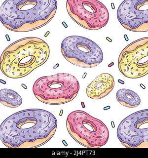 Donuts pattern, sprinkles and cakes food illustration pattern design. Hand drawn vector confectionary pattern. Sweet dessert illustration seamless Stock Vector