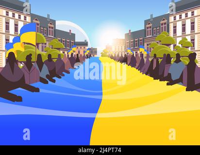 people silhouettes holding Ukrainian flag pray for Ukraine peace save Ukraine from russia stop war concept Stock Vector
