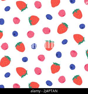 Hand drawn vector illustration of strawberry, blueberry, raspberry pattern. Stock Vector