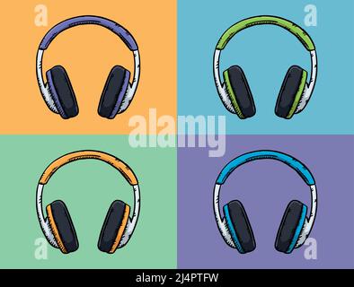 Vector doodle of a headphone icon in four different colors. Sketch style illustration. Stock Vector