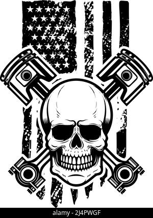 Skull with crossed pistons on american flag background. Design element for logo, emblem, sign, poster, t shirt. Vector illustration Stock Vector